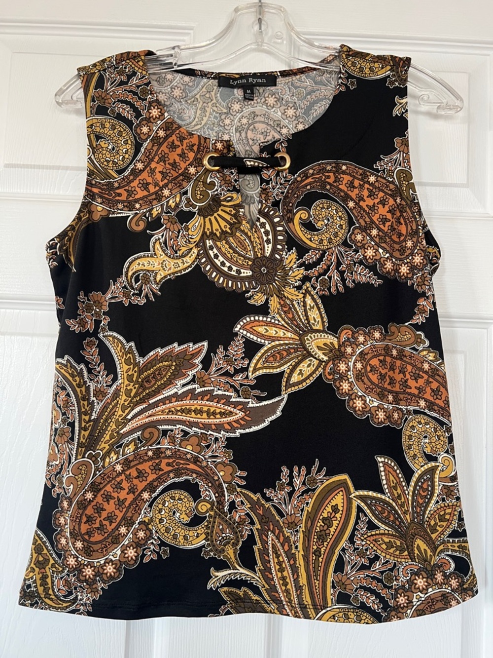 Lynn Ryan Black Paisley-Print Sleeveless Tank with Gold Accents